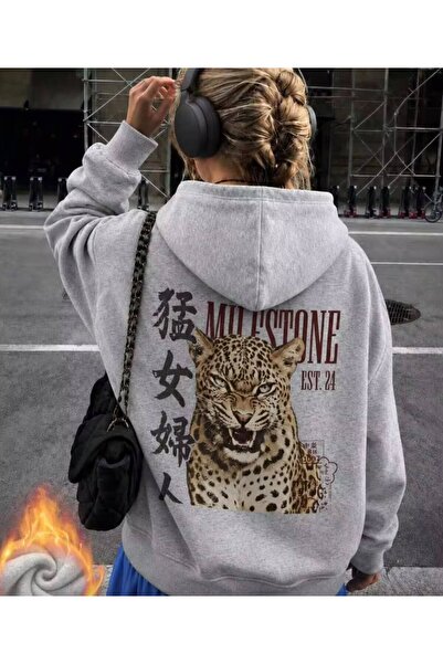 LOUİSA Ženska majica sa kapuljačom, sivim leopard printom i 2 niti, raster ma...
