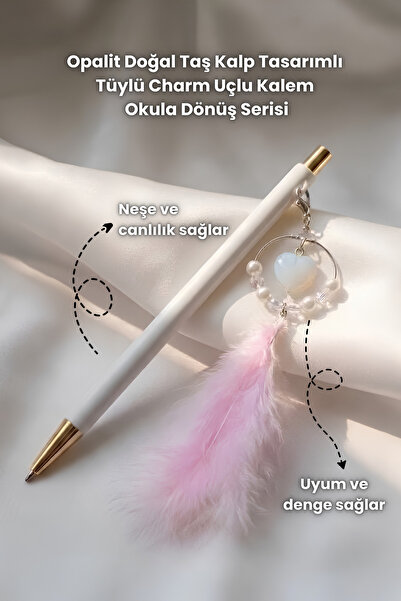 Elifsu Jewelry قلم بتصميم قلب من الحجر الطبيعي مع ريشة، سلسلة العودة إلى المدرسة