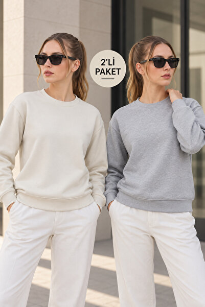 QUHOX Women's 2-Piece Crew Neck Basic Sweatshirt – Gray / Ecru