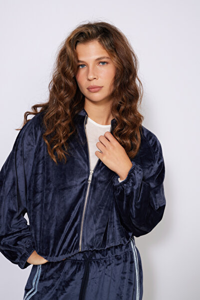 Nisan Zipped Jacket with Balloon Details, Reglan Sleeves, Soft Textured, Navy...