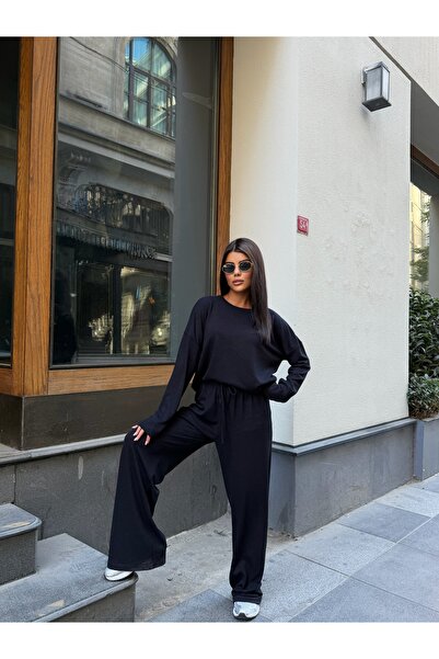 LE CARAMBOLE Kadın Siyah Oversize Bluz Bol Paça Pantolon İkili Takım