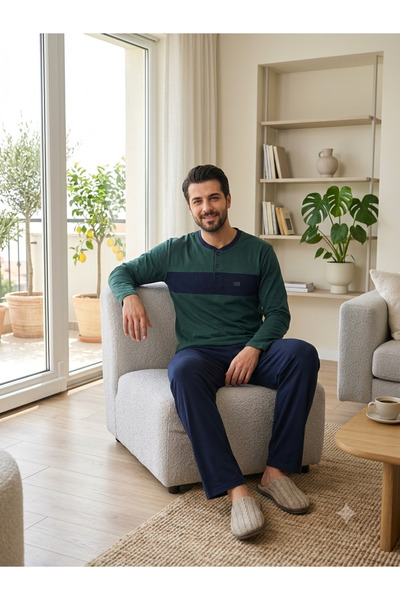 MODAREYA Long Sleeved, Seasonal, Three Button, Piece Men's Pajama Set