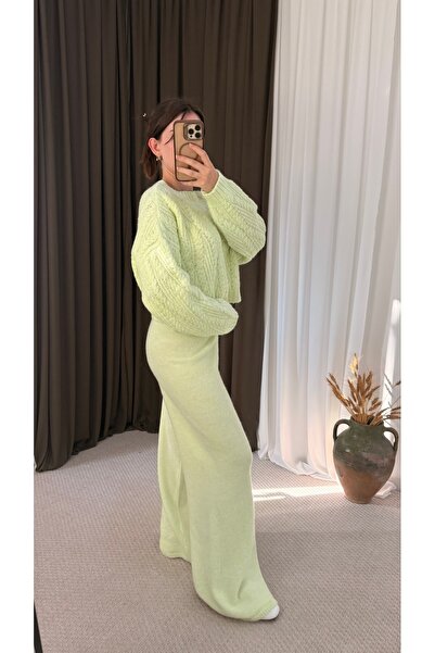 Hepsi Moda Üstü Crop Triko Takım - Su Yeşili
