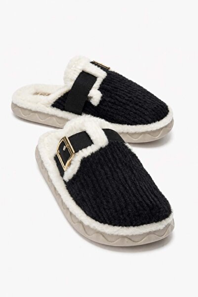CCWAY AYAKKABI Women's Belted Buckle Fur House Slippers Black