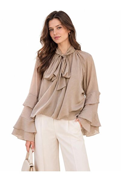 TENA Women's Stone Neck Tie Ruffle Sleeve Blouse
