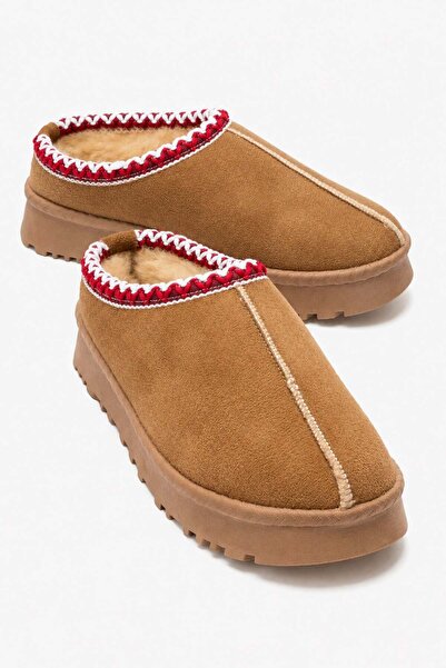 CCWAY AYAKKABI Low-Sole Fur Slippers Taba
