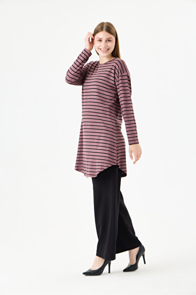 MODA VUSLAT Women's Black Striped Brown Long Sleeve Tunic
