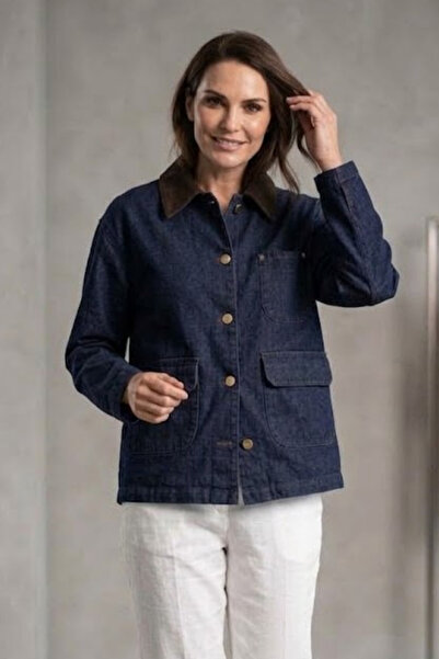 Swana Women's brown collared buttoned denim jacket - navy blue