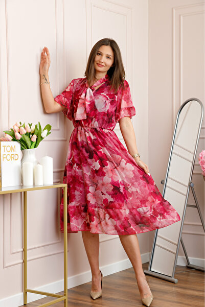 Generic Brand Rochie midi ciclam Annalise cu imprimeu floral si funda la deco...