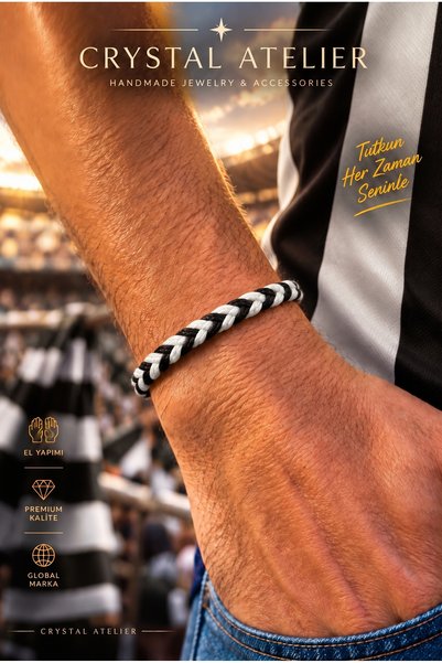 Crystal Atelier Macrame Black and White Fan Bracelet Handmade Adjustable Unisex Knitted Sports Rope Bracelet