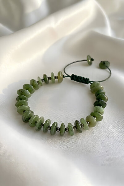 Elifsu Jewelry Jade Natural Stone Flat Cut Macrame Knitted Adjustable Bracelet
