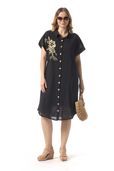 Eliş Şile Bezi Short Sleeve Mira Embroidered Summer Şile Cloth Shirt Dress Bl...
