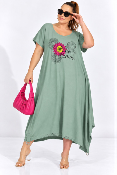 Trieste Plus Size Floral Appliqué Printed Asymmetrical Women's Dress with Rin...