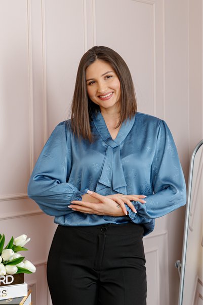 OEM Bluza dama satinata bleu cu aplicatie tip cravata Yvonne