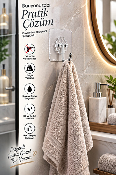 Mim Life 6’lı Kendinden Yapışkanlı Şeffaf Duvar Askısı – Metal Krom Uçlu Güçlü Yapışkanlı Kanca, Delmeden Vidasız Banyo Mutfak Askısı