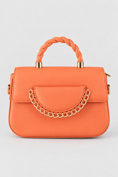 birizmoda Dicle women's faux leather chain detailed knitted strap handbag orange