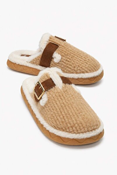 CCWAY AYAKKABI Women's Belted Buckle Fur House Slippers Taba