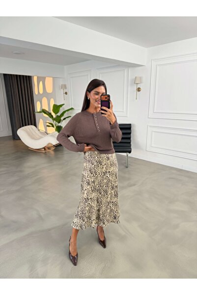 Elif Özbey Butik Leopar Desenli Midi Saten Etek