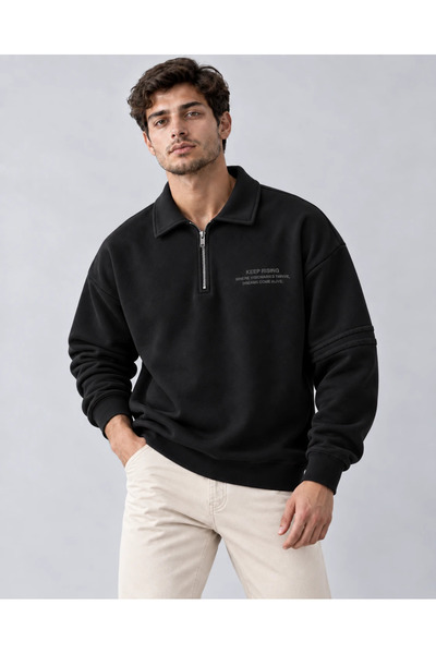 Erkek Fermuarlı Polo Yaka %100 Pamuk Sweatshirt