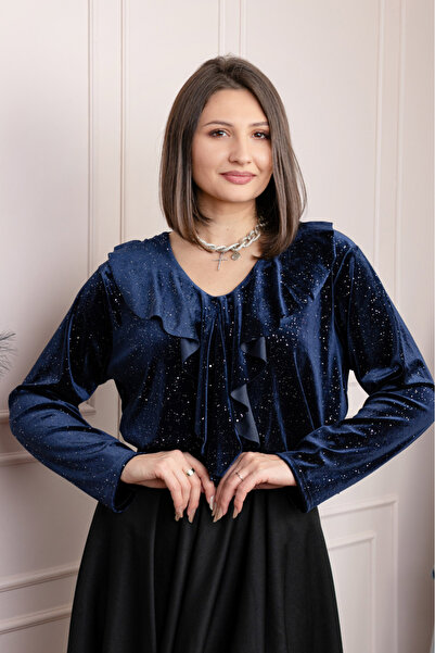 OEM Bluza eleganta din catifea Cynthia cu volan si sclipici discret - Bleumarin