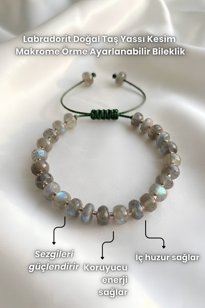 Elifsu Jewelry سوار من حجر اللابرادوريت الطبيعي بقصة مسطحة ومحبوك قابل للتعديل