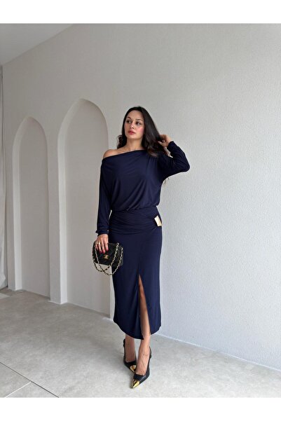 Mooi Butik Rochie midi cu umeri goi RİVAN 4148 - Bleumarin