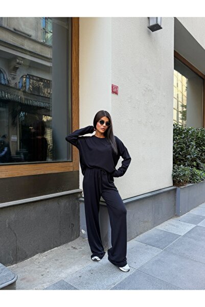 LE CARAMBOLE Kadın Siyah Oversize Bluz Bol Paça Pantolon İkili Takım