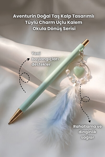 Elifsu Jewelry Natural Stone Heart Design Feathered Charm Pen Back to School ...