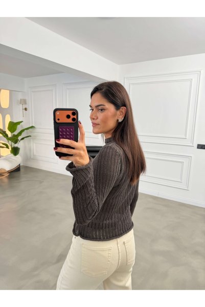 Elif Özbey Butik Kahverengi Uzun Kollu Transparan Örgü Triko