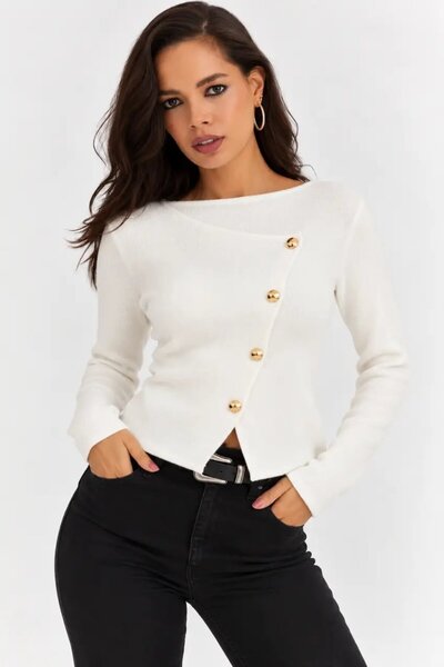 Cool & Sexy Women's Ecru Asymmetrical Gold Buttoned Long Sleeve Knitwear Blouse