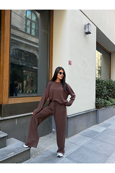 LE CARAMBOLE Kadın Kahverengi Oversize Bluz Bol Paça Pantolon İkili Takım