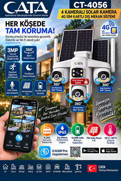 Cata CT-4056 4 Kameralı Solar 4G SIM Kartlı Dış Mekan Güvenlik Kamera Sistemi
