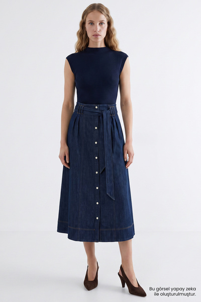 Exquise Yüksek Bel Kuşaklı Regular Denim Midi Etek