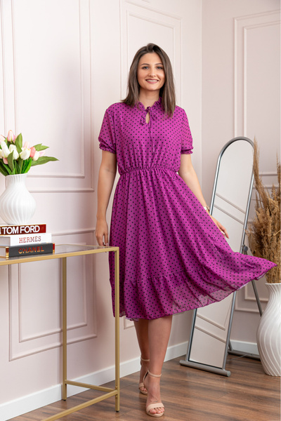 Generic Brand Rochie retro fuchsia Leslie cu buline negre si maneci bufante