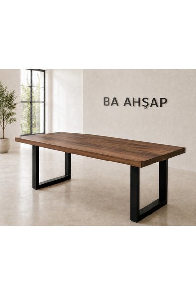 BA AHŞAP Kare Kenar Boyalı Metal Ayaklı Doğal Çam Yemek Masası 100x200_QQ1-09