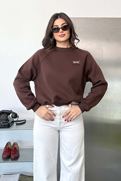 GİYSA Kadın Bisiklet Yaka Leopar Nakışlı Sweatshirt Kahverengi - 27K 2712