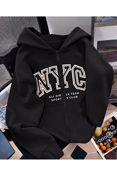 LOUİSA Women's Hooded Zippered Nyc Printed Black Cardigan Sweatshirt