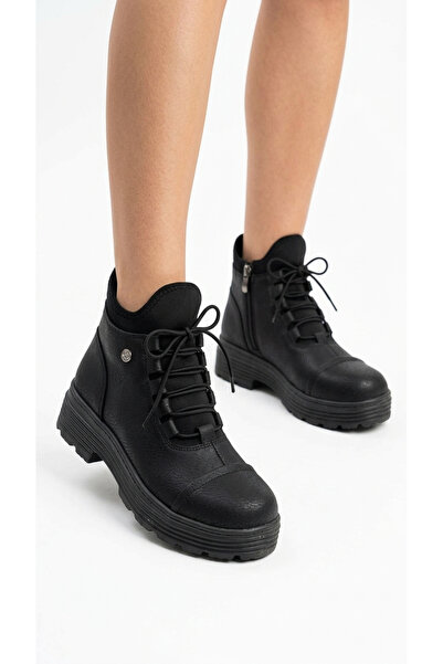 Limeo Women's Leather-Look Lace-Up Thick Sole Casual Boots