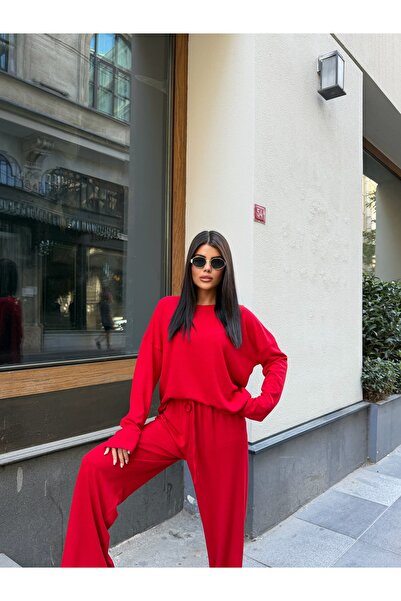 LE CARAMBOLE Kadın Kırmızı Oversize Bluz Bol Paça Pantolon İkili Takım