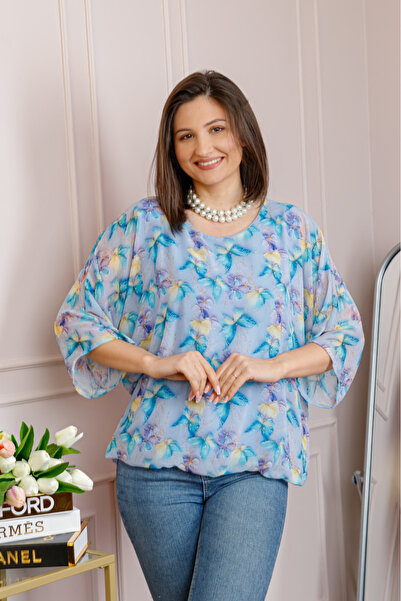 OEM Bluza dama Maddie din voal bleu cu imprimeu floral turcoaz