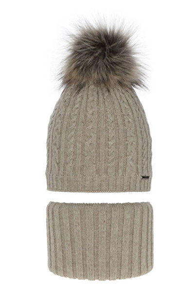 fantasialand Winter set for girls, cream hat and scarf Rima, 52-54 cm