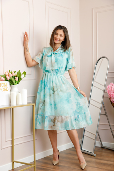 Generic Brand Rochie midi bleu Annalise cu imprimeu floral si funda la decolteu