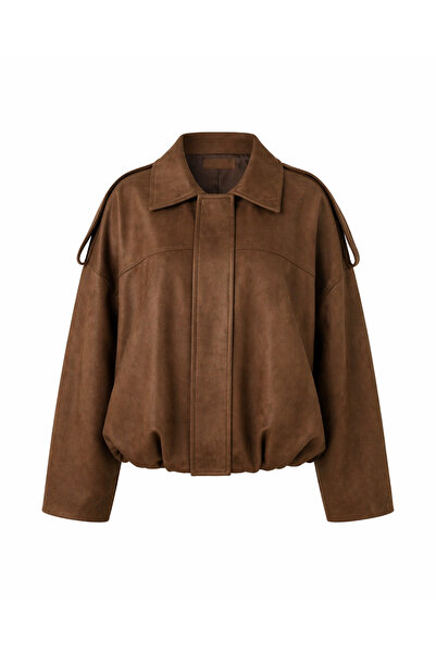 Butik İDL FASHION Kadın Kahverengi Süet Görünümlü Oversize Bomber Ceket
