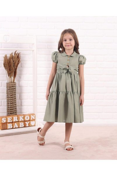 Serkon Girl's collared open-crotch linen dress 0837