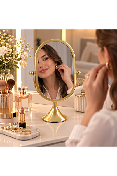 ARVALE Gold Oval Masaüstü Makyaj Aynası – Ayarlanabilir Ayaklı Dekoratif Vani...