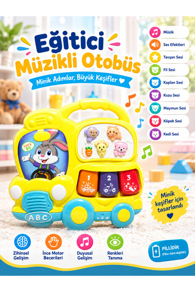 Otobüs Bebek Piyanosu Işıklı Müzikli Eğitici Oyuncak 3 Fonksiyonlu Hayvan Sesli Ninnili (Sarı)