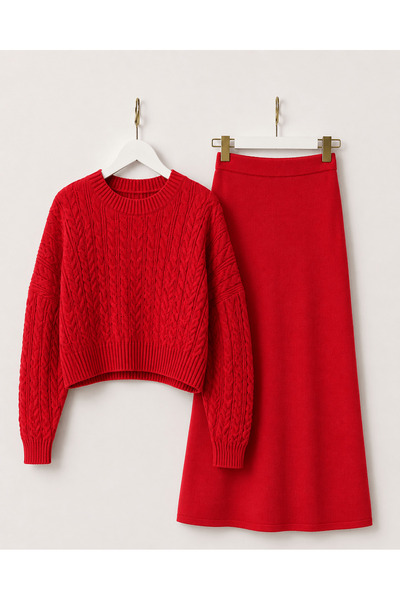 Hepsi Moda Saç Örgülü Crop Etekli Takım - Kırmızı