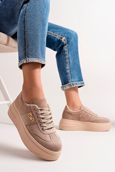 BAHRİNA Kadın Vizon Süet Kalın Taban Tokalı Sneaker