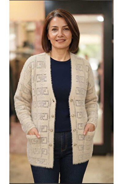 güncüoğlu Length 70cm Buttoned Pocketed Beard Knitted Tricot Cardigan