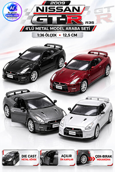 YILDIRIM OYUNCAK Die Cast 2009 Nissan GT-R R35 Model Araba 4’lü Set 12.5cm – 1:36 Ölçek Metal Gövdeli Açılır Kapılı Çek Bırak Araba
